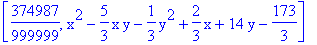 [374987/999999, x^2-5/3*x*y-1/3*y^2+2/3*x+14*y-173/3]